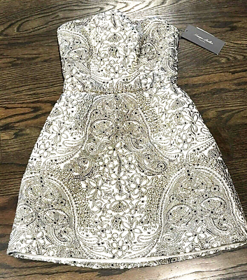 #ad New Monique Lhuillier Collection Strapless Jacquard Pale Gold Cocktail Dress 8 $1337.32