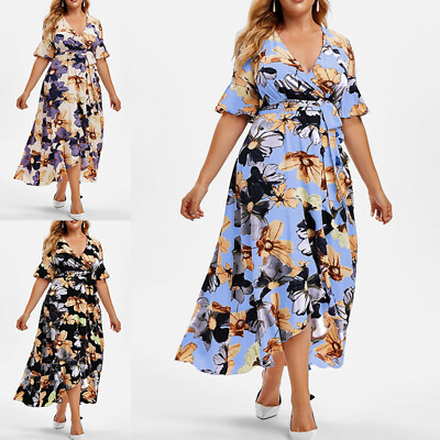 Womens Plus Size Bohemian Floral Maxi Dress Casual Boho V Neck Beach Sundress $25.99