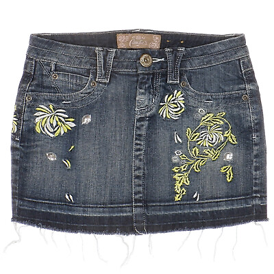 #ad Candies Denim Mini Skirt Juniors Size 1 Embroidered Raw Hem Stretch 26 x 11.5 $17.98
