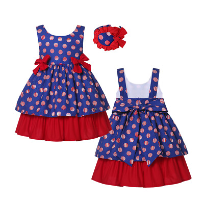 #ad Girls Party Dresses Summer Dress Bows with Headband Size 2 3 4 5 6 8 10 12 Blue $42.99
