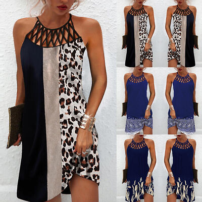 #ad #ad Boho Women Halter Neck Sleeveless Midi Dress Ladies Print Beach Casual Sundress $12.49