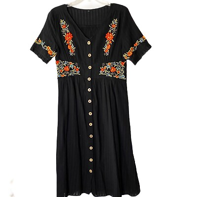#ad #ad EMBROIDERED Button Midi DRESS Size S BOHO Hippie PEASANT Short Sleeves $19.95