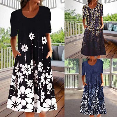 #ad Womens Plus Size Floral Printed Midi Dress Ladies Casual Holiday Pocket Sundress $25.39