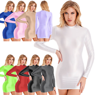 Women Oil Shiny Long Sleeve Bodycon Mini Dress Sheer Pencil Dresses Clubwear $11.59