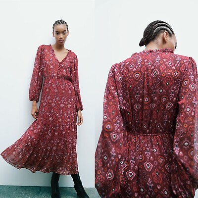 #ad Zara Ikat printed midi maxi dress long puff sleeve v neck chiffon size medium $50.00