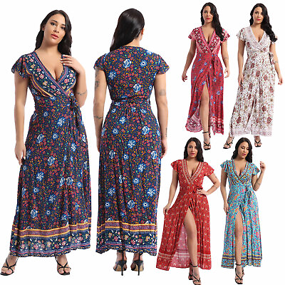 #ad Womens Boho Floral Printed Wrap V Neck Short Sleeve Split Beach Party Maxi Dress $22.36