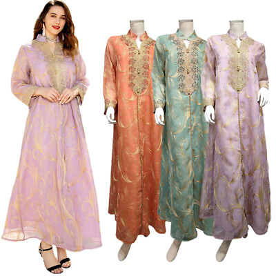 #ad Muslim Women Long Sleeve Maxi Dress Abaya Kaftan Robe Dubai Arab Robe Islamic $51.20