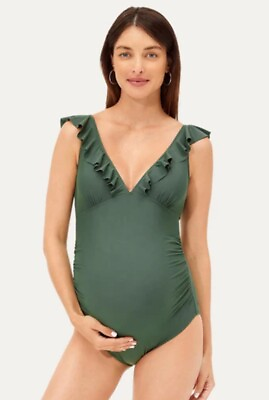 #ad Viilop Green V Neck Maternity Swimsuit One Piece Swimwear Ruffled NWT Size Small $50.00