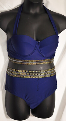 #ad women#x27;s navy blue 2 piece swim suit size large high waisted bottoms gold trim $13.38