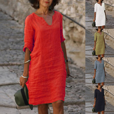 #ad Women Sundress Short Sleeve Casual Ladies T shirt Dress Loose Summer Dress $12.80