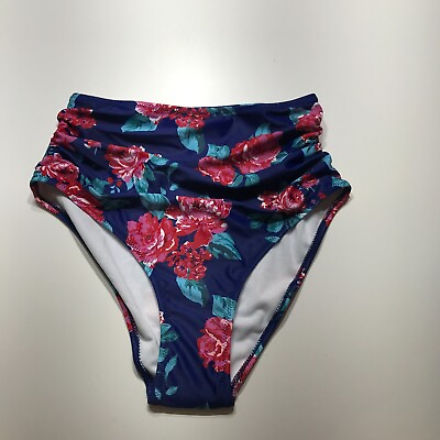 #ad Blue Floral Swim Bikini Bottoms High Waisted Beachwear Tummy Control Size Small $12.99