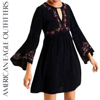 #ad AMERICAN EAGLE OUTFITTERS Black Boho Dress With Embroidery XXS NWOT $27.00