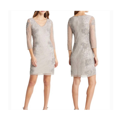 #ad PISARRO NIGHTS Beaded V neck Cocktail Dress In Silver Size 12 NWOT $189.00