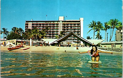 #ad Postcard Pretty Girl Bikini Boogie Board Pool Biltmore Hotel Waikiki Hawaii A110 $4.99