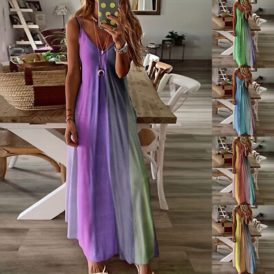 #ad Women#x27;s Gradient V Neck Summer Beach Maxi Dress Sleeveless Casual Loose Dresses $19.99