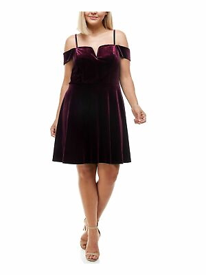 #ad City Studio Burgundy Cocktail Dress Size 14W PLUS Velvet Above Knee Flare AC25 $32.25