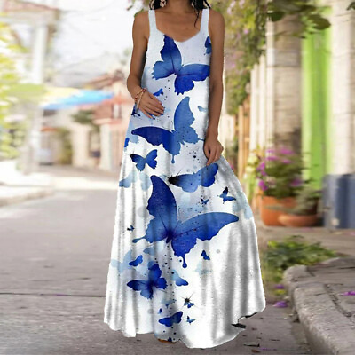 Maxi Summer A Shape Sleeveless Blue Butterflies Printed Backless Dress Size L $23.97