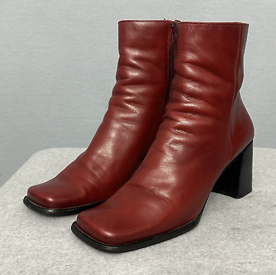 #ad Vintage 90s Y2K Nine West Womens Boots 9M Red Leather Ankle Bootie Square Toe $67.49