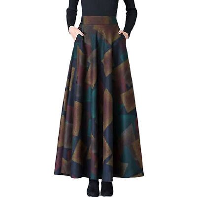 #ad Long Skirt Plus Size Ankle Length High Waist Loose Leaves Print Skirt $16.59