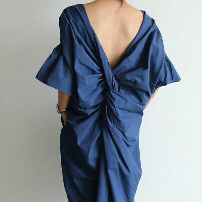 #ad women COMFY V NECK open back Loose long maxi dress Cotton Linen Retro Style size $35.54