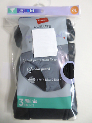 #ad Hanes Ultimate BIKINIS Light Comfort Period Protection 3 Pack BLACK Panties 7 L $18.90