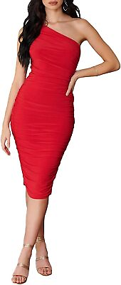 #ad GEMEIQ Women’s Ruched One Shoulder Bodycon Midi Dress Sexy Sleeveless Cocktail P $82.61
