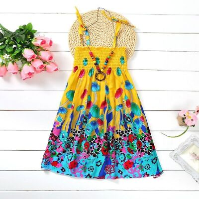 #ad Summer Girl Floral Sling Ruffle Bohemian Beach Princess Dress With Necklace Gift $30.51
