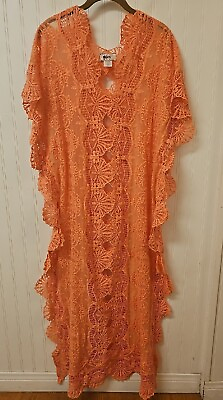 Nightcap Coverup Dress Womens Large Orange Maxi Long Kaftan Crochet Lace Beach $39.95