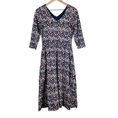 #ad Pact Navy Printed Organic Cotton Fit amp; Flare Midi Party Dress Size Medium $49.99
