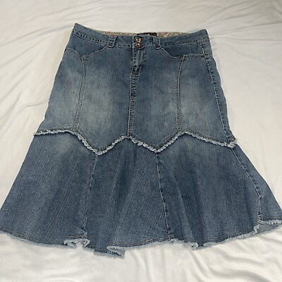 #ad Juniors Sz 13 Low Rise Denim Midi Skirt W Ruffle Detail Y2K Butt Scrunch $35.00