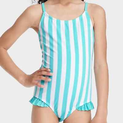 Cat amp; Jack Girls Strappy Ruffle Striped One Piece Swimsuit Blue L 10 12 NWT $7.50