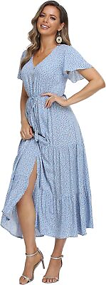 #ad Women#x27;s Floral Maxi Dress Short Sleeve Midi Dress Summer Boho Dresses V Neck Ruf $51.78