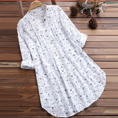 Floral Print Pleated V neck Long Blouses Casual Loose Button Down Shirts Top $17.85
