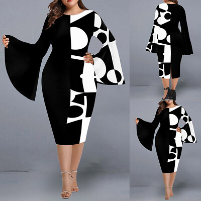 #ad Womens Bell Sleeve Formal Midi Bodycon Dress Cocktail Party Dresses Plus Size $28.34