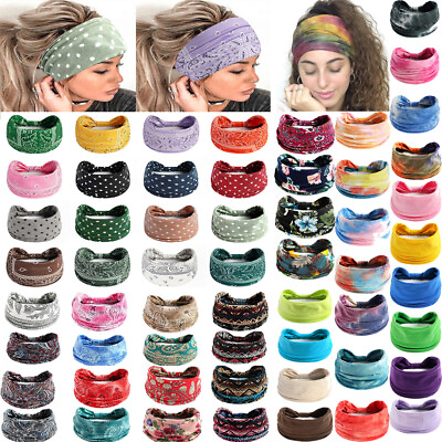 #ad Women Boho Flower Print Wide Headband Vintage Knot Elastic Turban Headwrap * $2.36