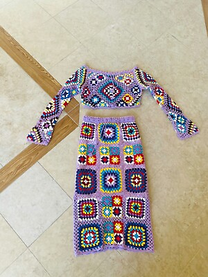 BoHo Granny Square Cropped Crochet Top amp; Skirt Dress VTG Hippy Festival Outfit S $164.99