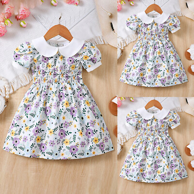 #ad Kid Girls Floral Printed Cute Princess Pleated Dress Holiday Beach Party Gowns $16.08