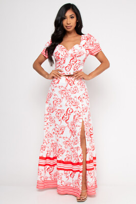 #ad #ad Red Paisley Print Crop Top and Maxi Skirt Set Size Medium Slit Leg $39.95