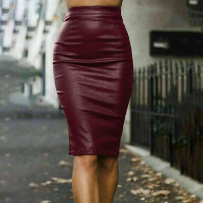 Womens PU Leather High Waist Bodycon Midi Solid Color Office OL Pencil Skirts $11.32