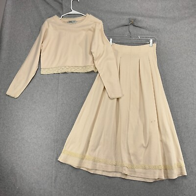 Vintage OnQue Maxi Skirt Set Womens Sz S Ivory Crop Top Crochet Trim Long Sleeve $29.95