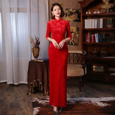 Long Cheongsam Velvet Slim Dress Elegant Traditional Party Evening Dresses Qipao $55.90