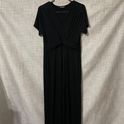 Womens Dress Medium Black Maxi Pockets Short Sleeve V Neck Casual Modern $17.95