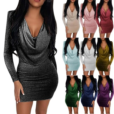 Women Sexy Deep V Neck Dress Long Sleeve Sequin Mini Dress Nightclub Party Dress $19.79