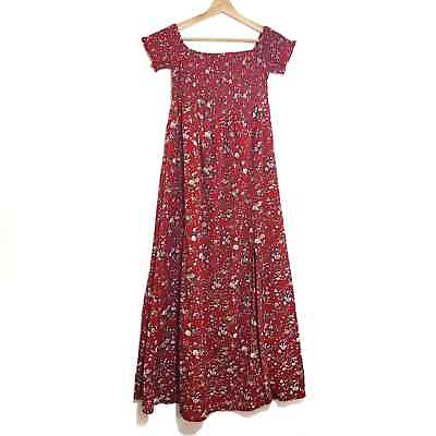 #ad Shein Size XS Floral Off Shoulder Shirred Top Long Boho Dress with Side Slit $17.99