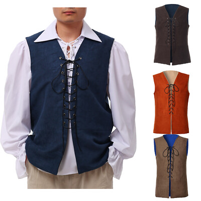 Renaissance Medieval Men#x27;s Waistcoat Vest Pirate Viking Reversible Lace Up $23.99
