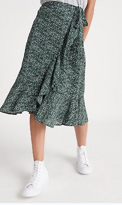 #ad Lucky Brand Kira Skirt Women XL Wrap Ruffle Green Floral Cotton Blend Lined $20.00