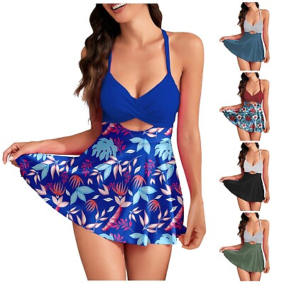 #ad Women Cutout One PC Skirt Swimsuit V Neck Wrap Tie Back Swimdress Bathing Suits $20.14