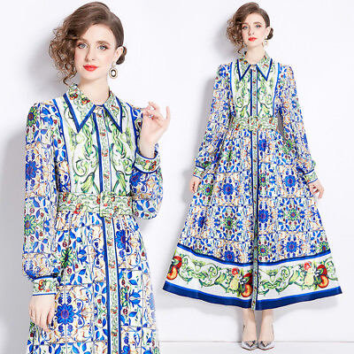 #ad Spring Summer Fall Vintage Floral Print Collar Belt Women Casual Shirt Dresses $28.79