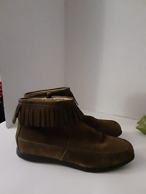 #ad Comfortview Womens Marion Olive Green Ankle Fringe Boho Boots Shoes Sz 8.5 Wide $22.90