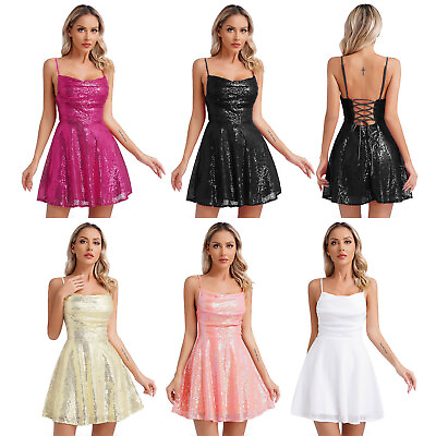 #ad Womens Dresses Party Gown Shiny Dress Lace up Back Party Holiday Cocktail Date $20.89